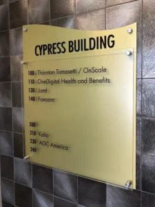 Cypress Building lobby directory signs with tenant listings